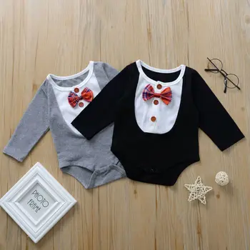 

Baby Romper Girl Boy Long Sleeve Bow Tie Button Top Romper Newborn Costume Solid Gentleman One-Pieces Outfits Clothes 0-24Ms