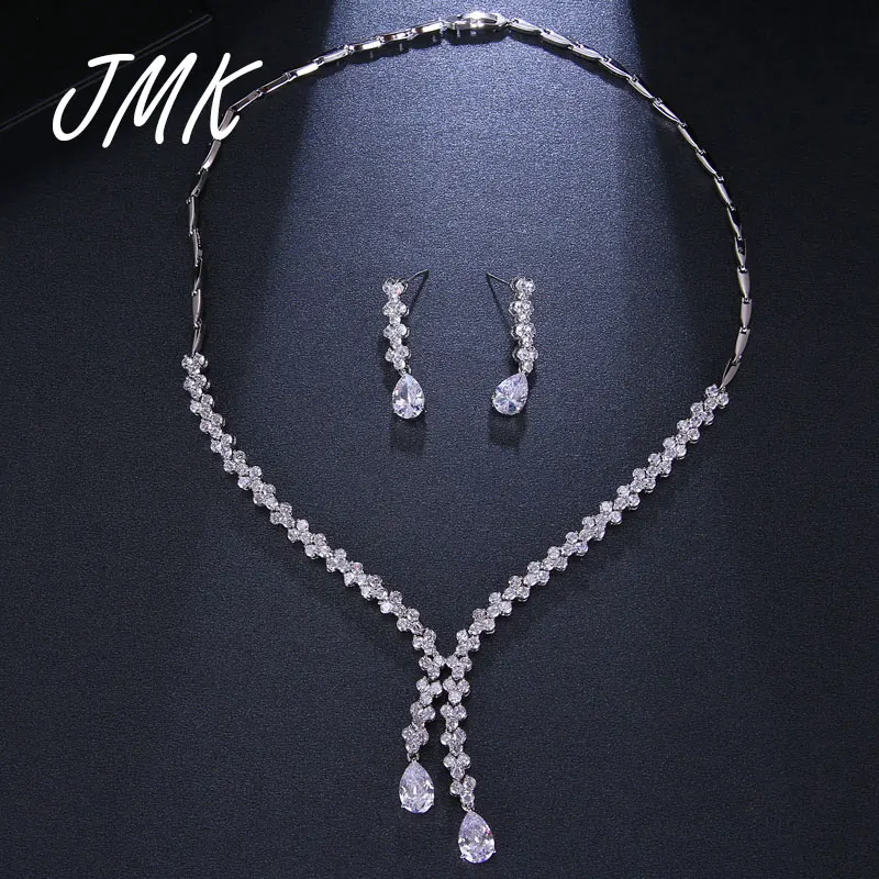 

JMK Elegant Asymmetric Jewelry Sets AAA Zircon Silver Emerald Luxury Necklace Earrrings Sets For Women Bridal Wedding Party Gift