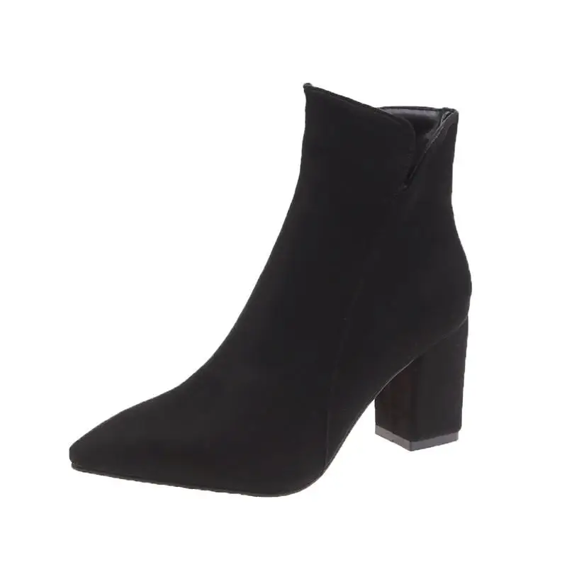 Женская обувь; Размеры 33-48; сезон осень-зима; Модные женские ботинки; женские ботильоны на высоком каблуке; пикантная обувь с острым носком на молнии; Zapatos De Mujer - Цвет: Black Thick