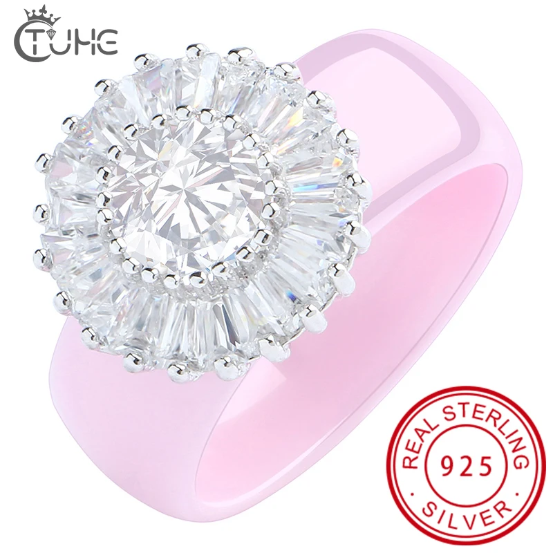 

2019 Big Cubic Zirconia Ring Fashion Wedding Jewelry Female Healthy Ceramic Ring Female Crystal S925 Sterling Silver Ring Party