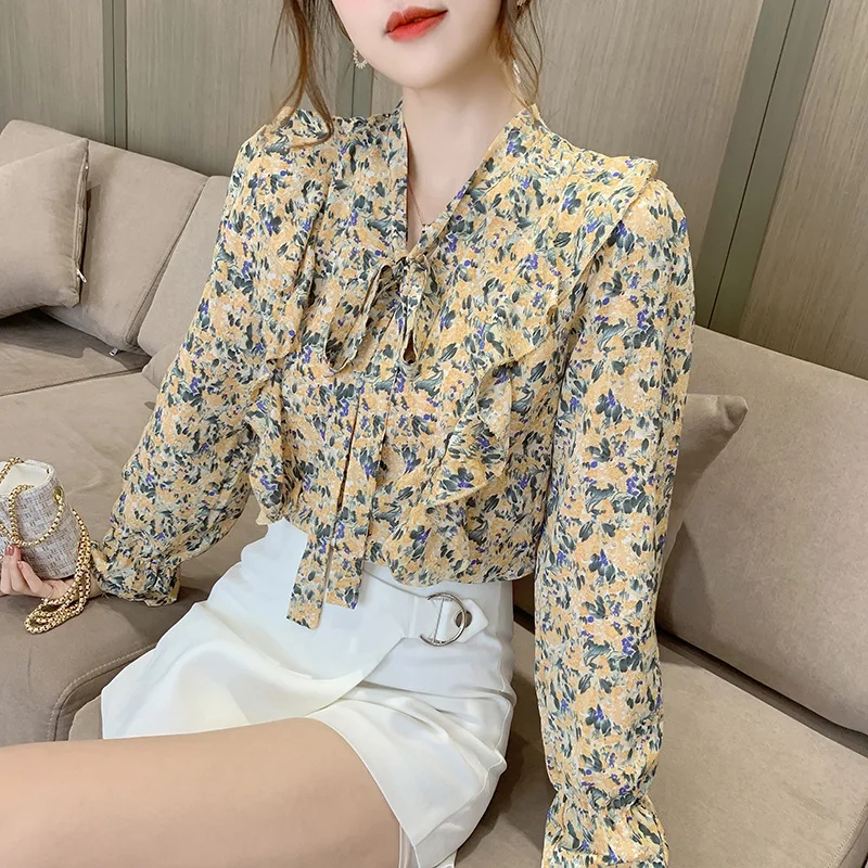 

Floral Print Sweet Ruffle Blouses Shirts Women Bowknot Long Sleeve Chiffon Shirt Ladies Spring Autumn Tops Femme 2022 Clothing