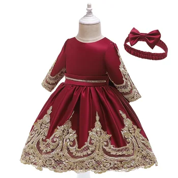 

Spanish Toddler Girls Embroidery Dress with Headband Baby Birthday Dress High Waist Lace New Year Burgundy Vestido