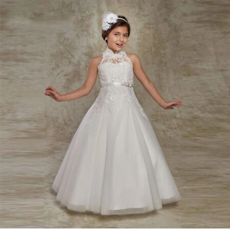 White Appliques Tank Sleeve A-line Flower Girl Dresses Vintage High Neck Sleeveless Floor Length Communion Gown