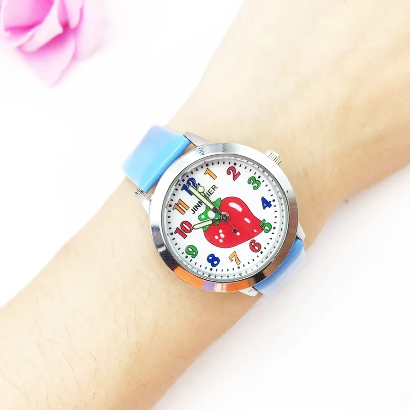 hot fashion cartoon watch for kids jelly leather strap girl's quartz watch boy students clock Strawberry pattern drop shipping wholesale colorful number (3)