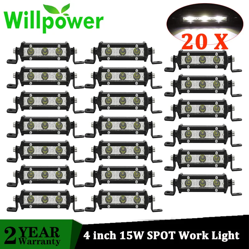AUXTINGS 2 Pieces 4 inch 15W Ultra Slim Single Row LED Light Bar Spot Flood Beam with Mounting Bracket 4 inch 15W