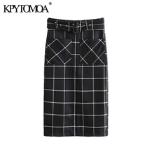 Винтажная элегантная офисная одежда с поясом, Женская клетчатая юбка, модные женские юбки на молнии сзади с карманами, повседневные женские юбки, Faldas Mujer
