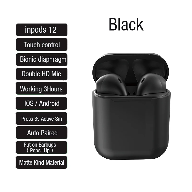 Matte Black LYMOC оригинальные Inpods 12 Macarons беспроводные наушники новейшие Bluetooth наушники 5,0 TWS всплывающая сенсорная гарнитура микрофон для IOS Android - Цвет: Matte Black