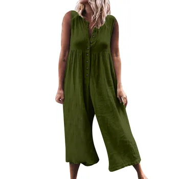 

Women VogueLoose Jumpsuit High Waist Cotton And Linen Overalls For Women Button Romper Sleeveless Rompers Womens Jumpsuit