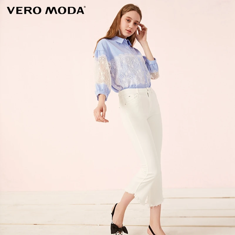 Vero Moda Женская Полосатая кружевная рубашка с 3/4 рукавами | 319131540 - Цвет: Ciel blue