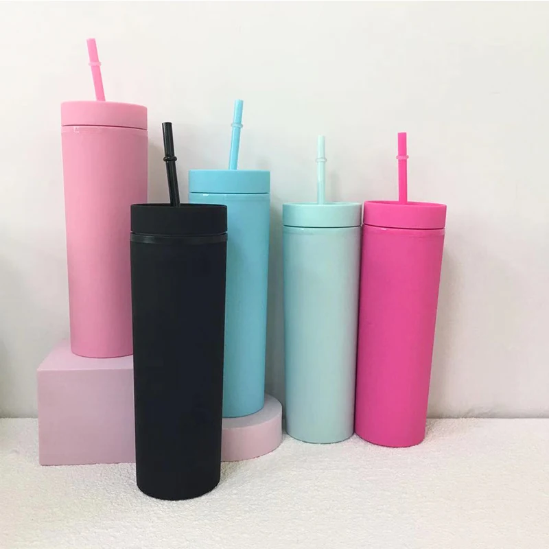 

Wholesale 16oz Plastic Skinny Tumbler Slim Juice Cups Candy Colors With Lid And Straw Portable Water Bottle For Party Gift