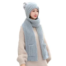 Осень Зима Новая Женская шерстяная шапка шарф 2 комплекта плюшевая бархатная Толстая вязаная теплая шапка женская ветрозащитная шапка