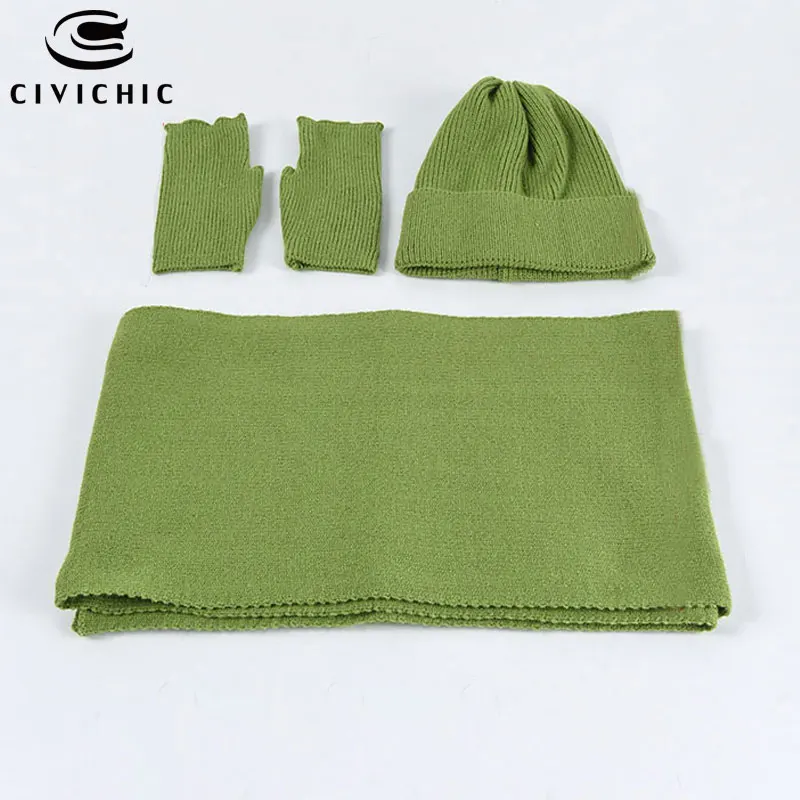CIVICHIC, женская вязаная шапка, шарф, перчатки, 3 шт., теплый комплект, одноцветные, Skullies Beanies, повседневный головной убор, шикарная шаль, SH141 - Цвет: Grass Green