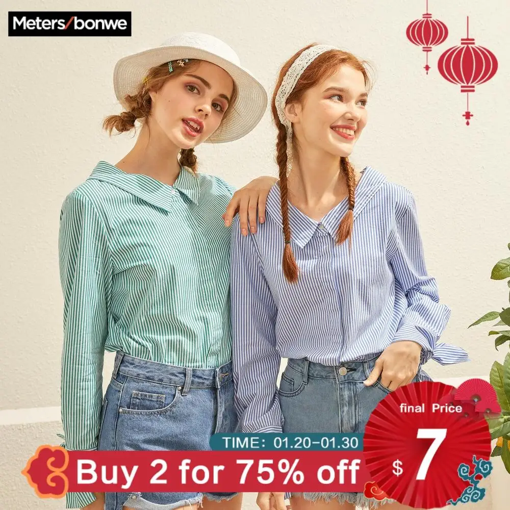 Kopen Metersbonwe 2019 Vrouwen Gestreepte Blouse Lange Mouw Blouse Revers Vierkante Kraag Shirts Casual Office Tops Losse Blouses