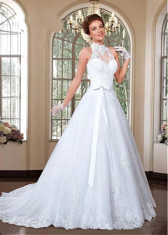 Fabulous Appliqued Tulle High Collar Neckline Wedding Dresses Beaded Lace 2 In 1 A-Line Bride Dress Vestido De Noiva
