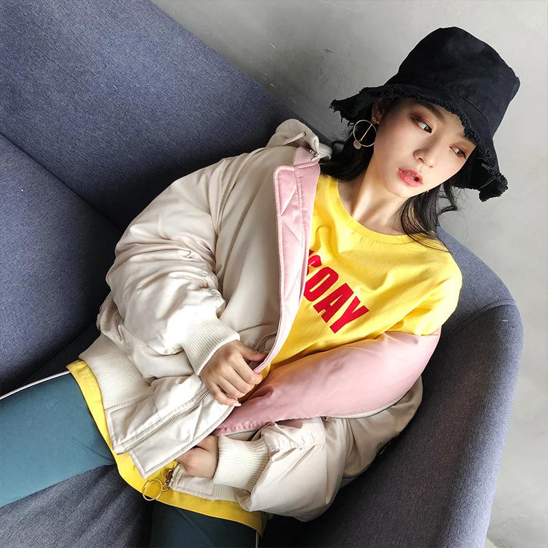 

2018 Winter New Style Korean-style Double-sided Wear Harajuku Short Loose-Fit Baseball Uniform down Feather Cotton-padded Clothe