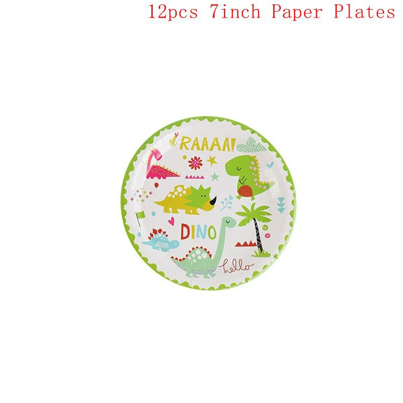 12 7-inch plates Вечерние одноразовые столовые приборы в виде динозавра, бумажные стаканы, салфетки, баннер, скатерть, топпер для торта, детские украшения на день рождения - Цвет: 12 7-inch plates