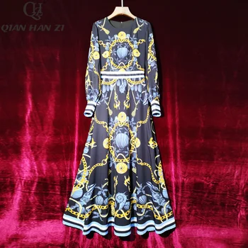 

Qian Han Zi 2020 Designer fashion runway Maxi dress Women's Long Sleeve Vintage Slim printing long Dress