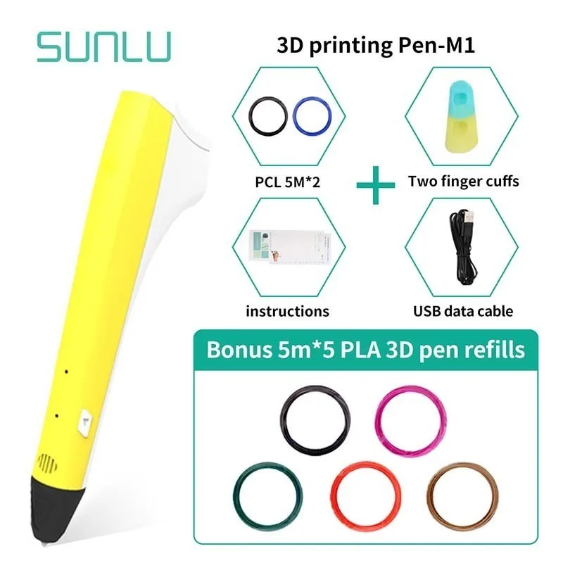Детская 3D печать Ручка Prince M1 3D Ручка Поддержка PLA/PCL нити низкой температуры экологически чистый лучший подарок для детей и взрослых - Цвет: M1-5.5-Yellow