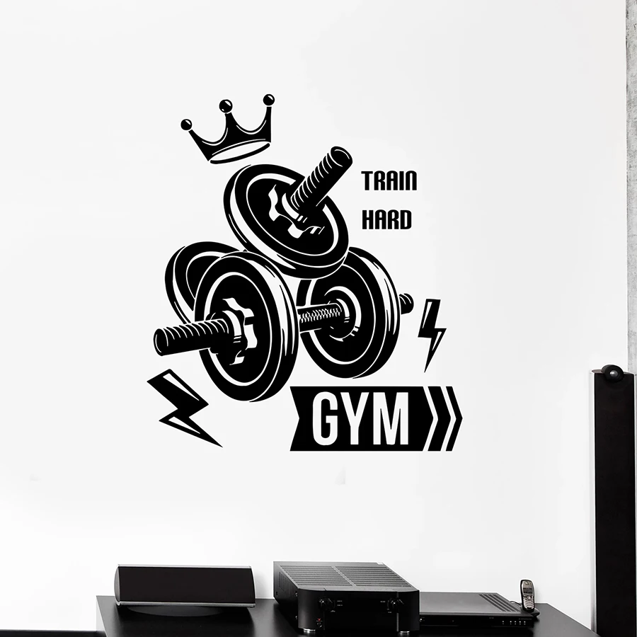 Fitness Club Wall Decal Sport Gym Dumbbells Bodybuilding Train Hard Interior Decoration Vinyl Door Window Sticker Art Mural M141 | Дом и сад