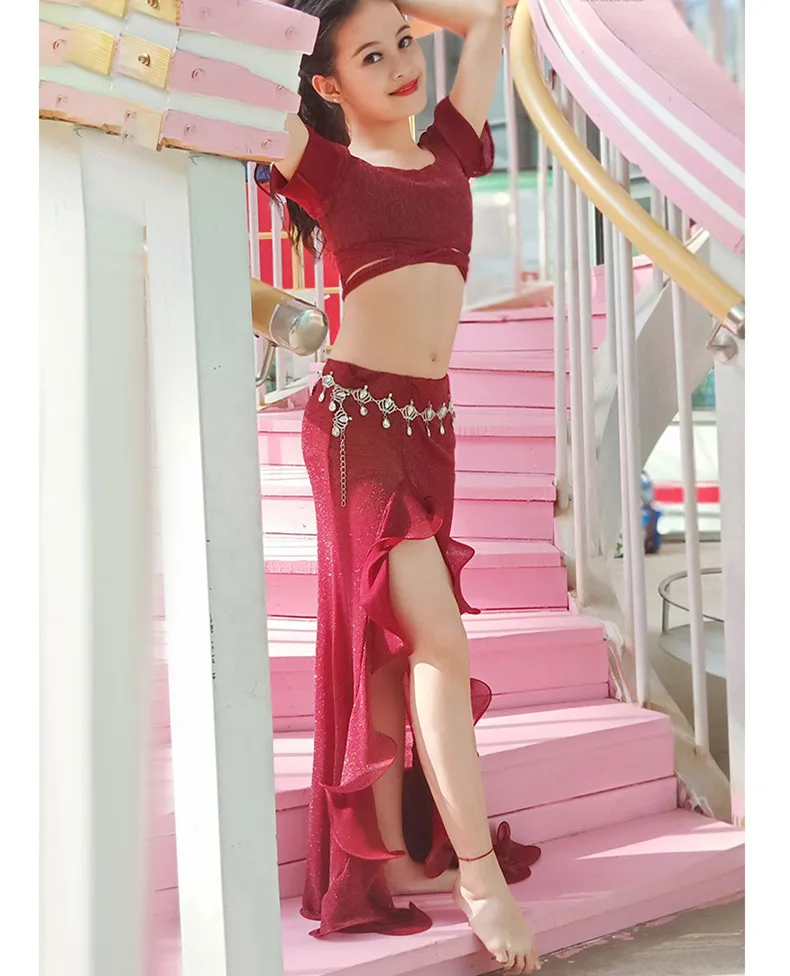 2 Piece Girls Belly Dance Skirt Long Sleeve Mesh Top Side Slit Skirt Autumn Winter Children Oriental Dance Practice Show Wear L