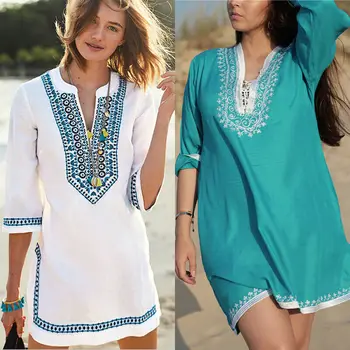 

Women Beach Dress Bikini Cover Up Kaftan Sarong Summer Bathing Swimwear Long Top One Size Cotton Summer Half Sleeve V Neck