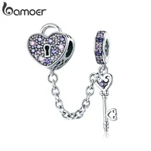 BAMOER 100% Серебряный ключ сердца с фианитом, подвески на цепочке, подходящие для очаровательных браслетов и ожерелий, цепочка, ювелирные изделия SCC772
