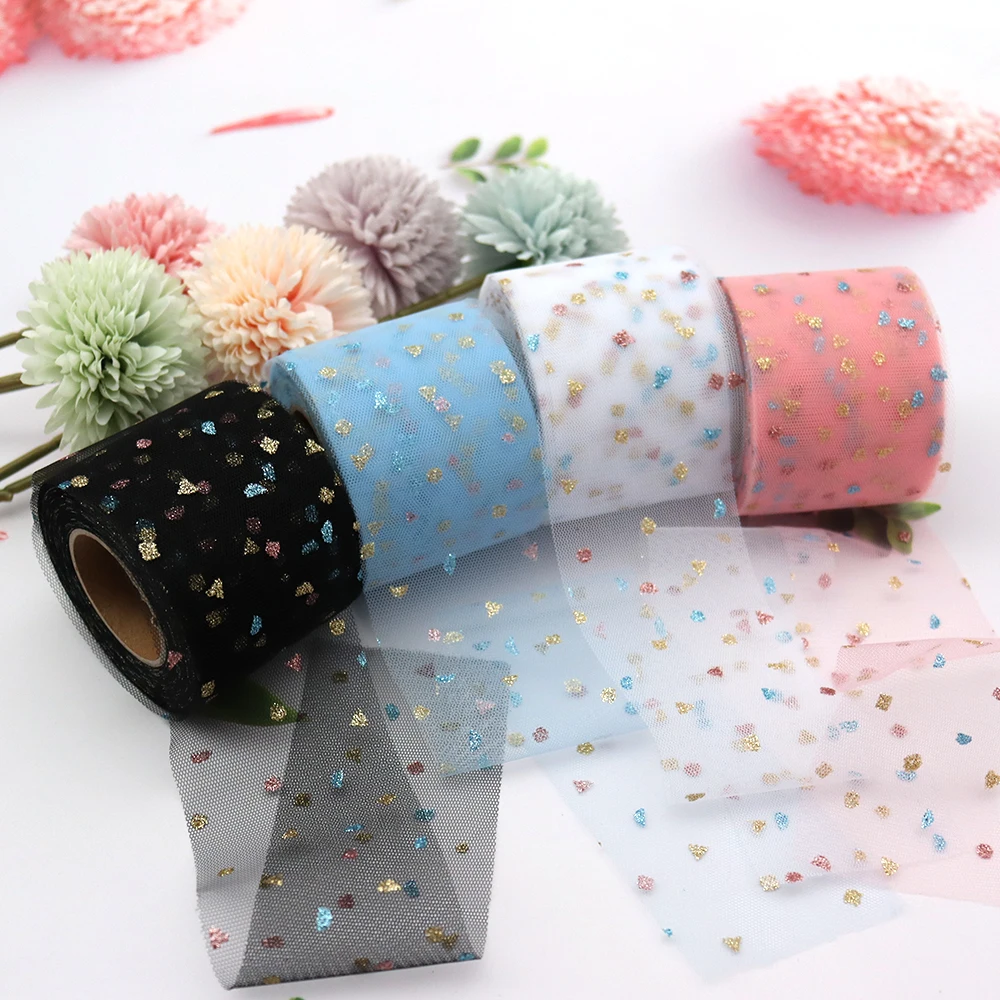 6cm 25yards Hyun Color Tulle Roll Rainbow Dot Organza Mesh Ribbon Gauze  Fabric Baby Shower Hairbow DIY Headbands Sewing Material