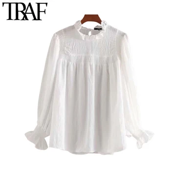 

TRAF Women Sweet Fashion Patchwork Ruffled Blouses Vintage High Collar Long Sleeve Female Shirts Blusas Chic Tops