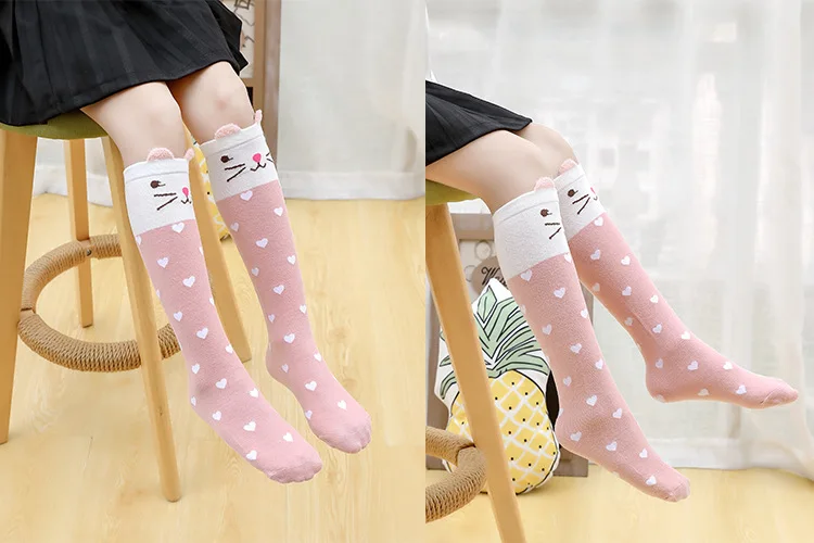 Girls Knee High Long Cotton Kawaii Cartoon Socks Kids Lovely Cat Dog Bear Rabbit Panda for Little School Children Baby 3-8 years