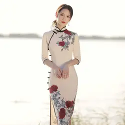 Cheongsam Dress Women's Plus Size 2022 Spring Fashion Deerskin Velvet Prints Chinese Style Stand Collar Long Qipao Dresses Woman