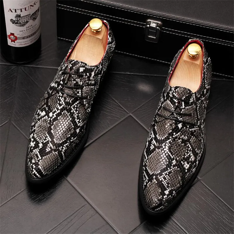 Men Snakeskin Leather Shoes Snake Skin Prints Men Business Dress Classic Style Lace Up Pointed Toe Shoes For Men Oxford Shoes