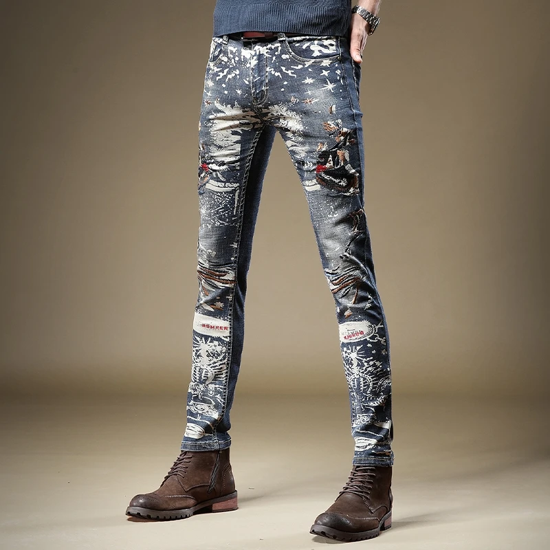 male Autumn jeans slim stretch hip hop 