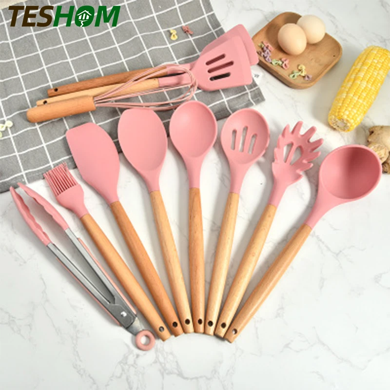 9PCS Pink Silicone Kitchen Accessories Cooking Utensil Set Kitchen Gadgets  with Wooden Handle - China Kitchen Utensils and Utensils Set price