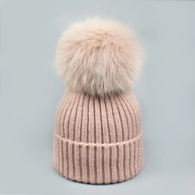 Детская Женская шапка, шарф, шапка, комплект, вязаные шапки Skullies Beanies с помпоном, шапка с натуральным лисьим помпоном, осенне-зимние теплые Одноцветный полосатый шапки - Цвет: N
