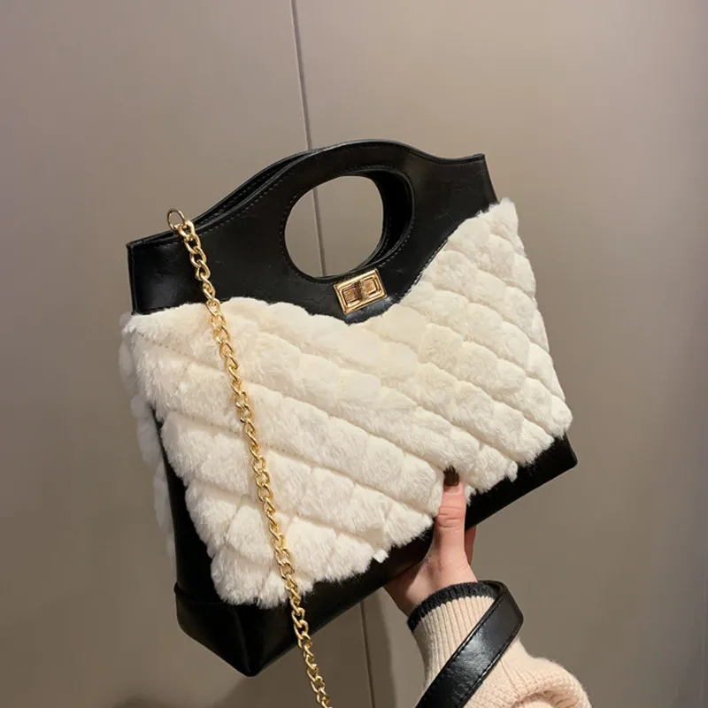 

Ladies Fashion Contrast Plush Diamond Tote Bag Brand Design Chain Messenger Bag Women Trend Simple Luxury Handbags