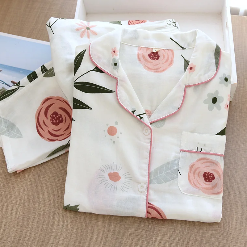 Ladies Pajamas Set 100% Gauze Cotton Cartoon Rose Printed 2Pcs Turn-down Neck Shirt+Pants