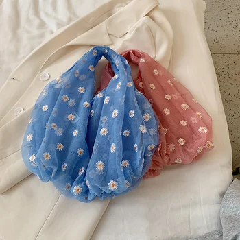 

Spring Summer Womens Girls Small Transparent Tote Mesh Cloth Bag Daisy Embroidery Handbag High Quality Eco Fruit Storage Bags