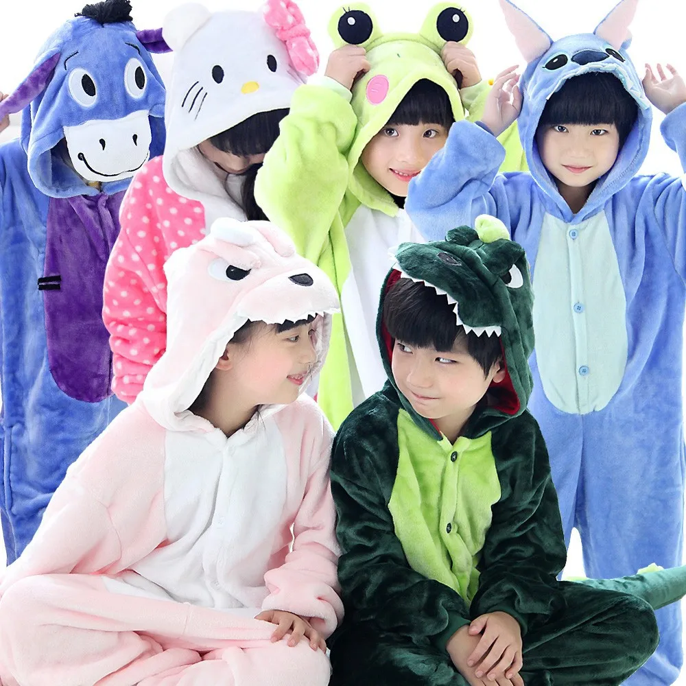 Flannel Kigurumi Children Pajamas Set Winter Hooded Animal Unicorn Pikachu Stitch Kids Pajamas For Boys Girls Sleepwear Onesies