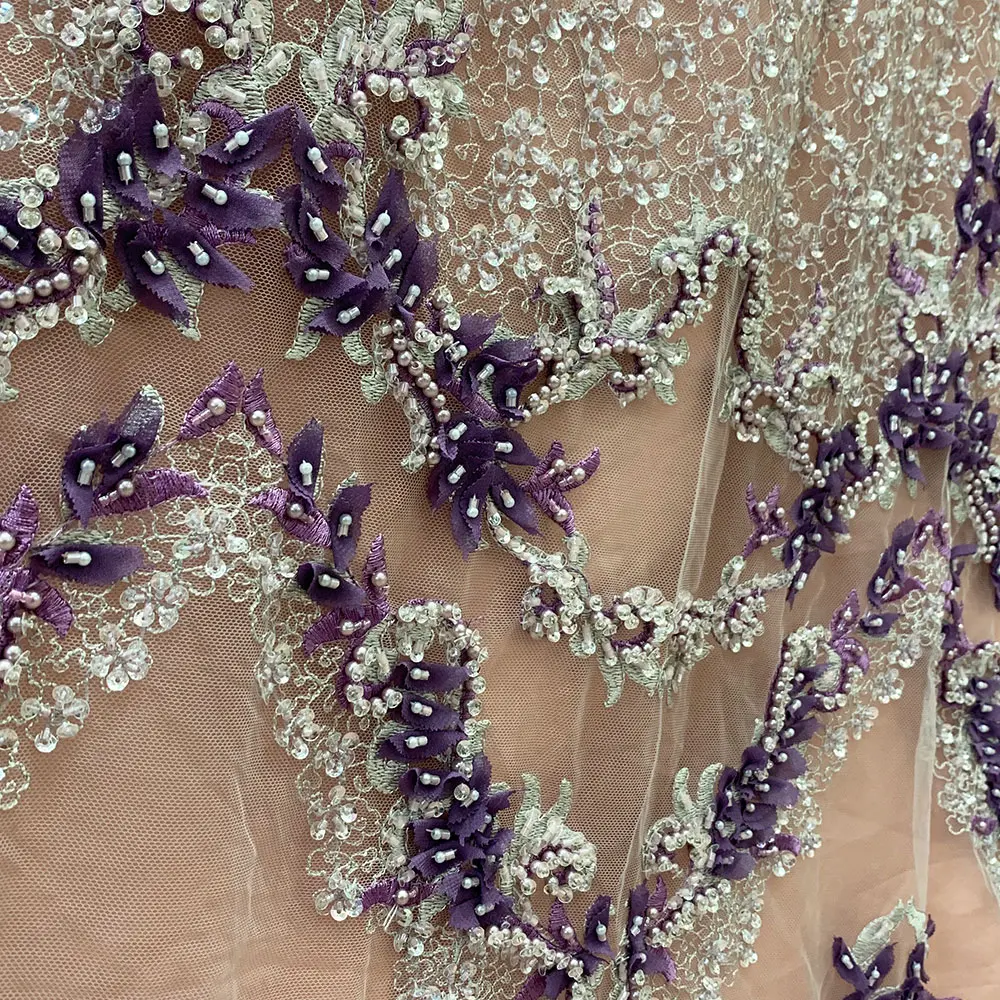 Wholesale Luxury Purple Pink African 3D Flower Heavy Beaded Lace Fabric Embroidery Applique Mesh Tulle for Sewing Nigerian Dress | Дом и сад