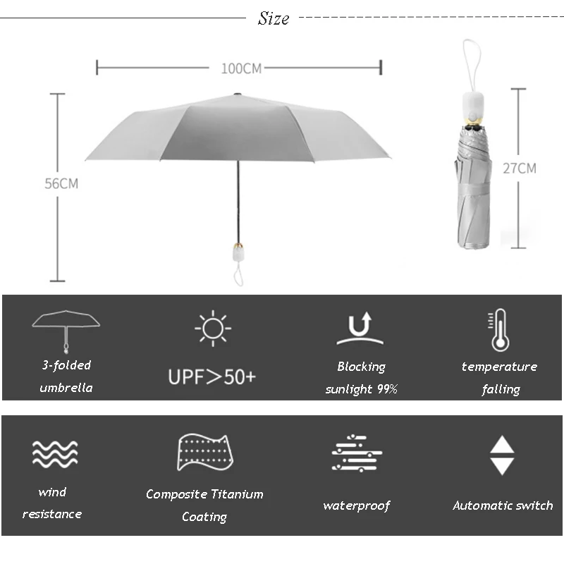 Солнцезащитный Зонт от дождя Для женщин Титан серебряные анти-УФ мини дети Портативный 3-складной Зонт с защитой от ветра UPF50