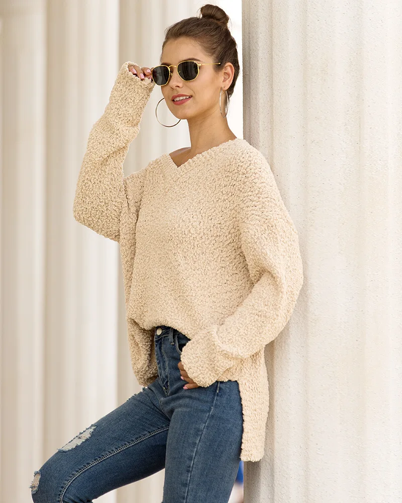 Осенний и зимний женский европейский и американский модный элегантный бархатный свитер с v-образным вырезом, свитер