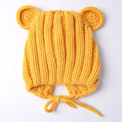 Зимняя шапка для новорожденных; зимние шапки для детей; Осенняя вязаная шапка для малышей; шапка с медвежьими ушками для девочек и мальчиков - Цвет: Цвет: желтый