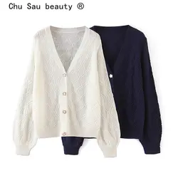 Chu Sau beauty осенне-зимний офисный Женский трикотажный свитер 2 цветов женский милый однобортный Кардиган с пышными рукавами