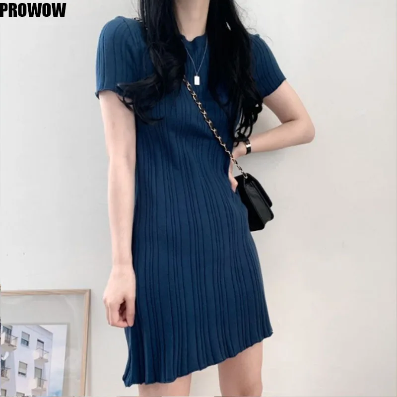 2020 Summer Stripe Knitting Women Dress Korean Retro O Neck Short Sleeve Mini Dress Ladies New Arrival A-Line Dress