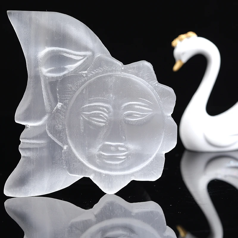 

1PC Natural White Selenite Raw Crystals Hand Carved Sun And Moon Gypsum Crystal Healing Stone Decor Cat Eye Love Gems DIY Gifts