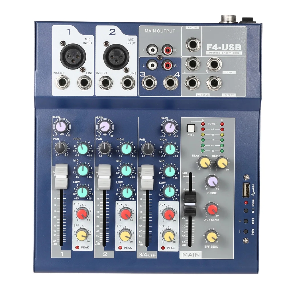 

Professional Metal 4 Channel Live Mixer Mixing Console 3-Band EQ USB Function 48V Phantom with Bulit-in Effect Processor Mic