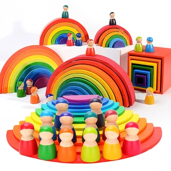 

12 Pcs/Lot Large Wooden Rainbow Blocks Wood Toy Stacker Kids Creative Rainbow Building Blocks Christmas Gift Educational Toys
