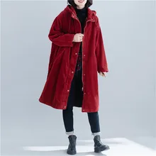 Большие размеры женские парки вельветовые средней длины толстые пальто с капюшоном зимние свободные плюс бархатные теплые куртки красные женские пиджаки JIU012