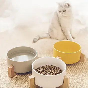 

Nonslip Wooden Neck Guard Stand Ceramic Bowl for Pet Cats Dogs Feeding
