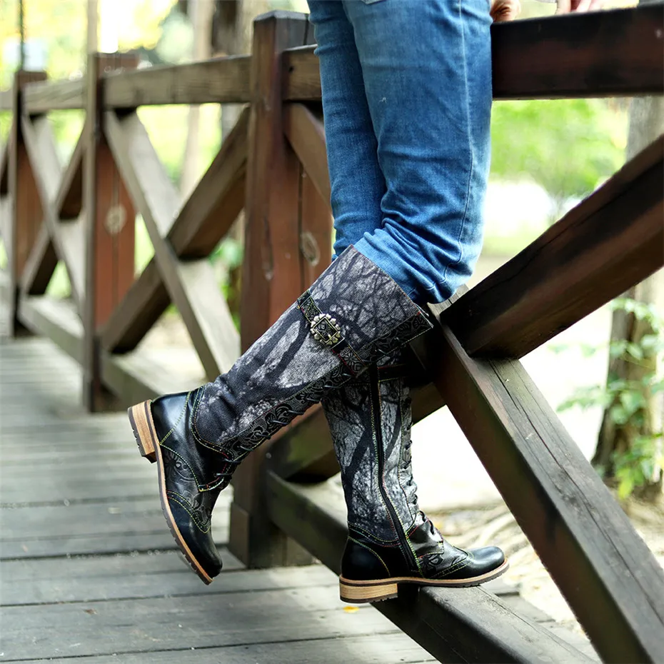 

Ethnic Flower Handmade Genuine Leather Women's Western Boots D Knight 2019 New Winter Retro Casual Women Knee High Boots Shoes